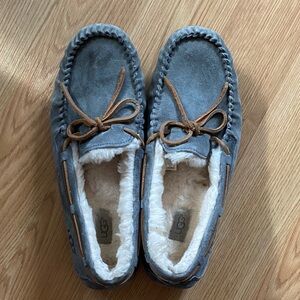 UGG Blue-Grey Suede Shearling Moccasin Slippers with Brown Lace